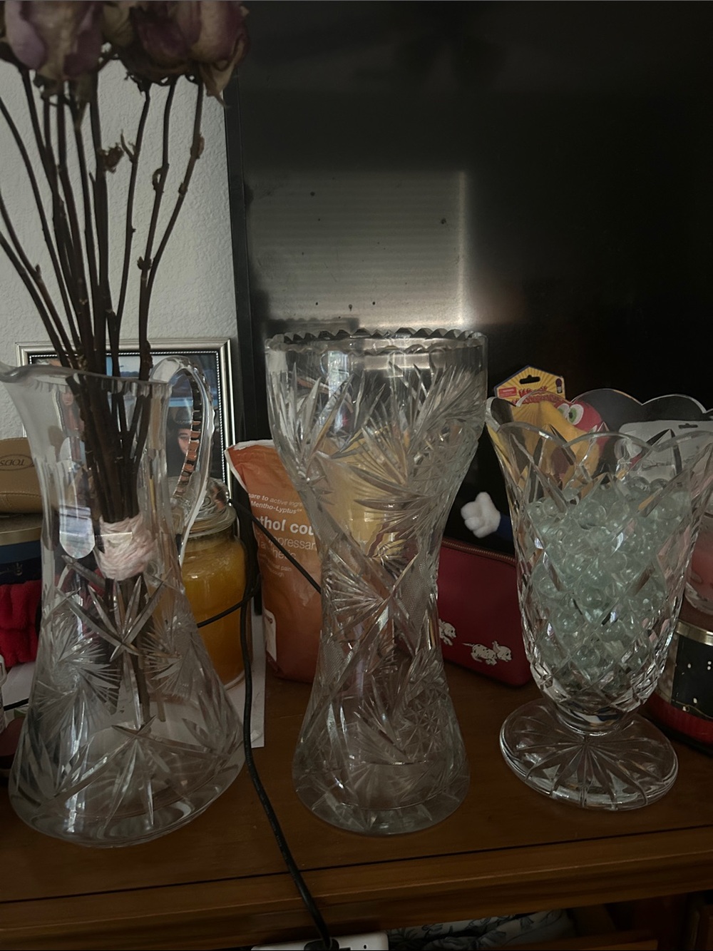 Beautiful Clear Cut Glass Vase with Starburst Pattern 3 pieces